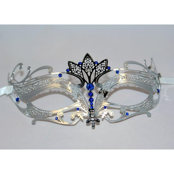 Silver Tiara Design Laser Cut Metal Masquerade Mask with Blue Diamonds