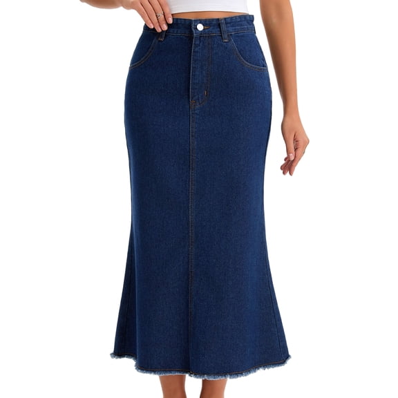 DARING DIVA Women's Denim Maxi A Line Raw Hem Jean Skirt Small Deep Blue