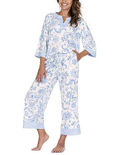 Flora Nikrooz Bleu Blanc Paisley 2 Pièce Pyjama à manches 3/4 Crop Pants Sleep 
