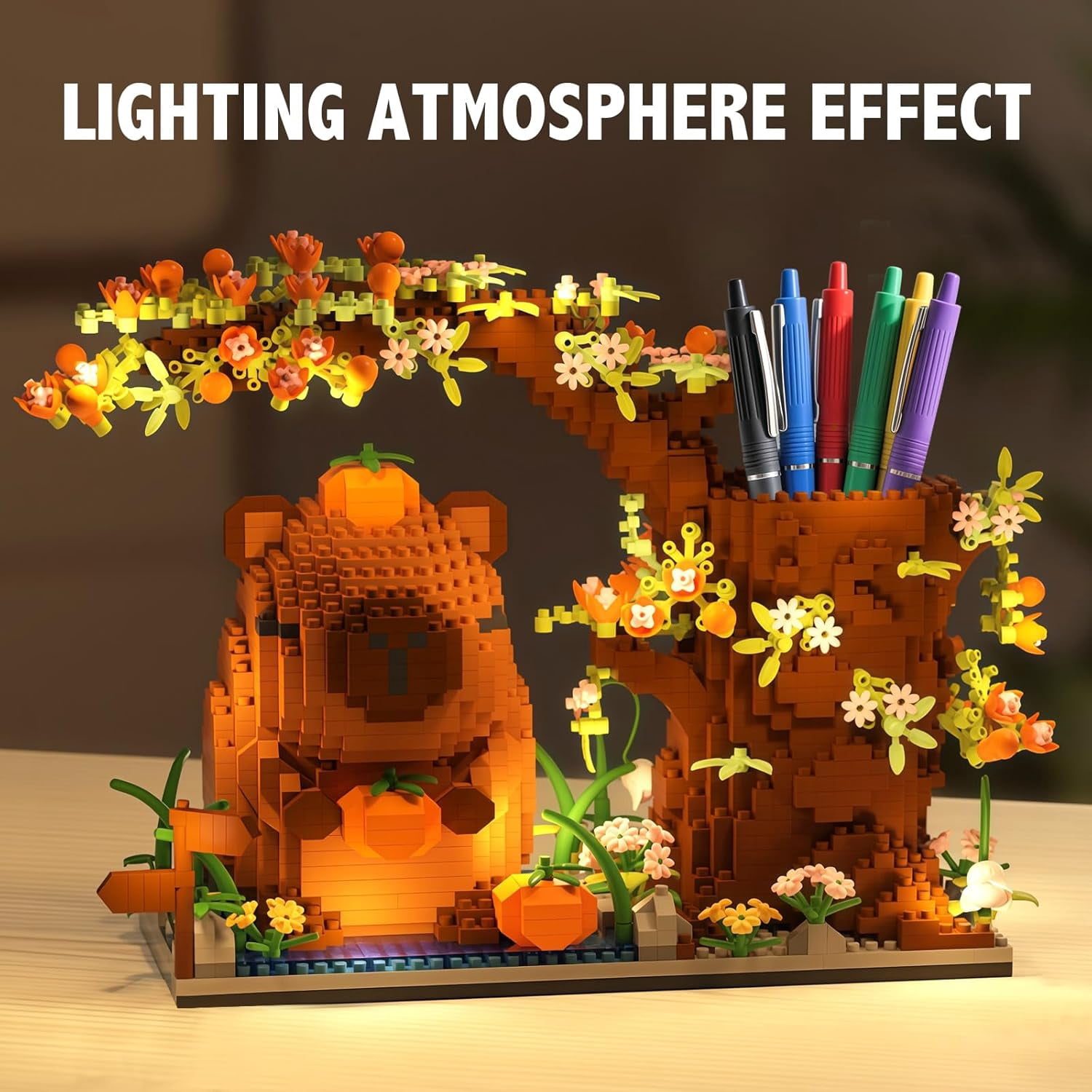 1880PCS Capybara Building Blocks Kit，Cute Animal Floral Desk Organizer Pen Holder for 8+ Kids Teens Adults