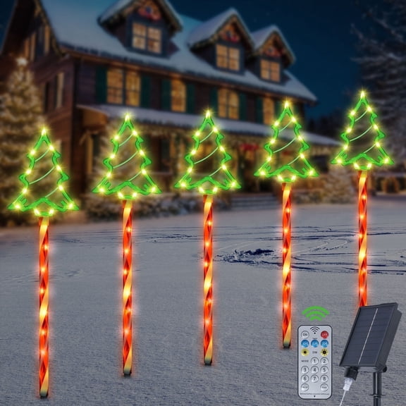 Qoosea Outdoor Christmas Decorations, 5 pack Colorful Solar Candy Cane Christmas Tree Lights 85 LED Waterproof Outside Lights Yard Pathway Patio
