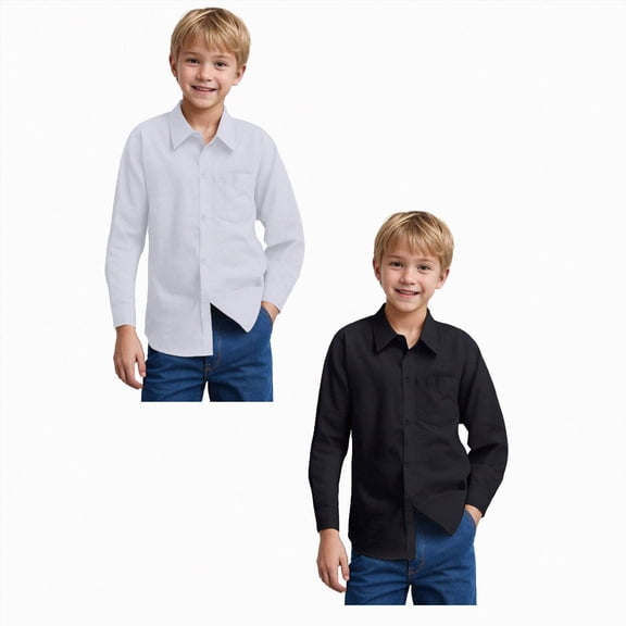 7-8T Kids Boys Dress Shirts,2pcs Oxford Shirt with Pocket Button Up Long Sleeve Tops for School Party Wedding Kids Baisc Solid Shirts Black & White Boys Clothes