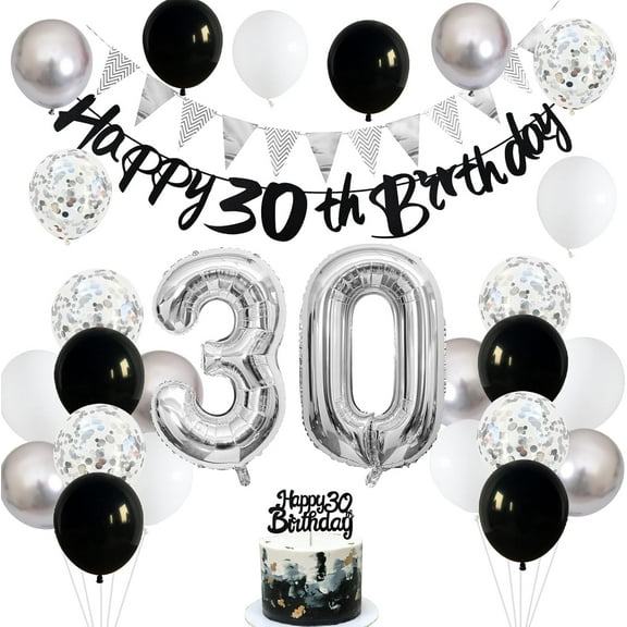 Black White Silver 30th Birthday Decorations Kit with Number 30th Balloons Happy 30th Paper Banner Triangle Flags 30 Cake Topper for Women/Men 30 Years Old Anniversary Party Bakcdrops Supplies