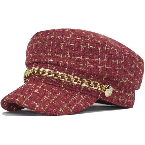Tweed Plaid Newsboy Ladies Womens Girls Beret Baker Boy Fiddler Cap Military Hat Winter Red, One Size