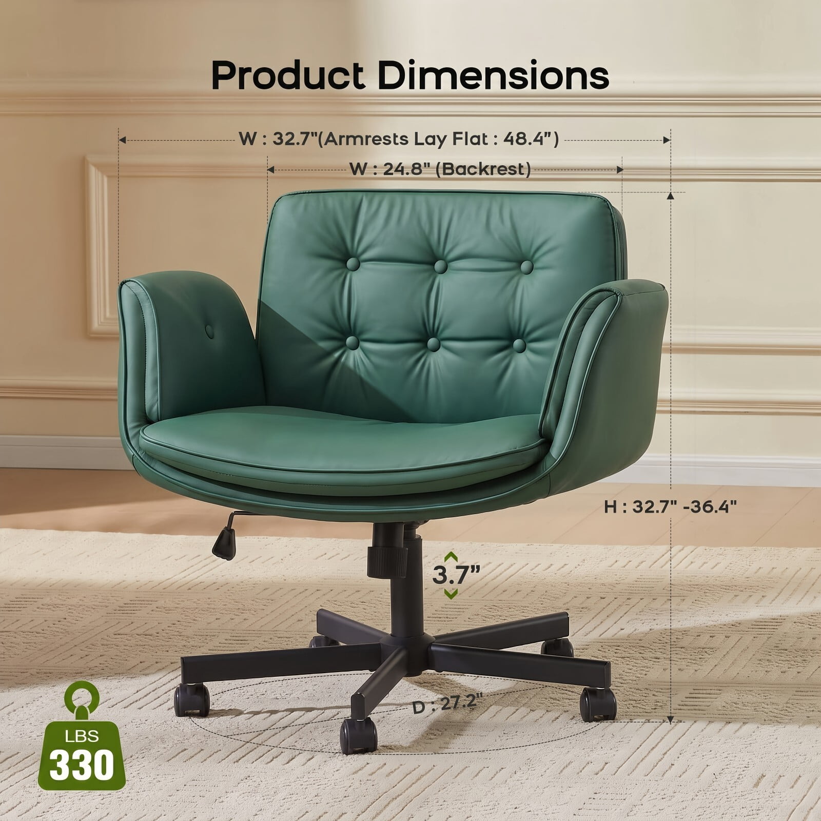 Kelno Criss Cross Office Chair with Wheels Armrests 300lbs Capacity Height Adjustable PU Leather Wide Desk Chair Swivel Vanity Chair, Green