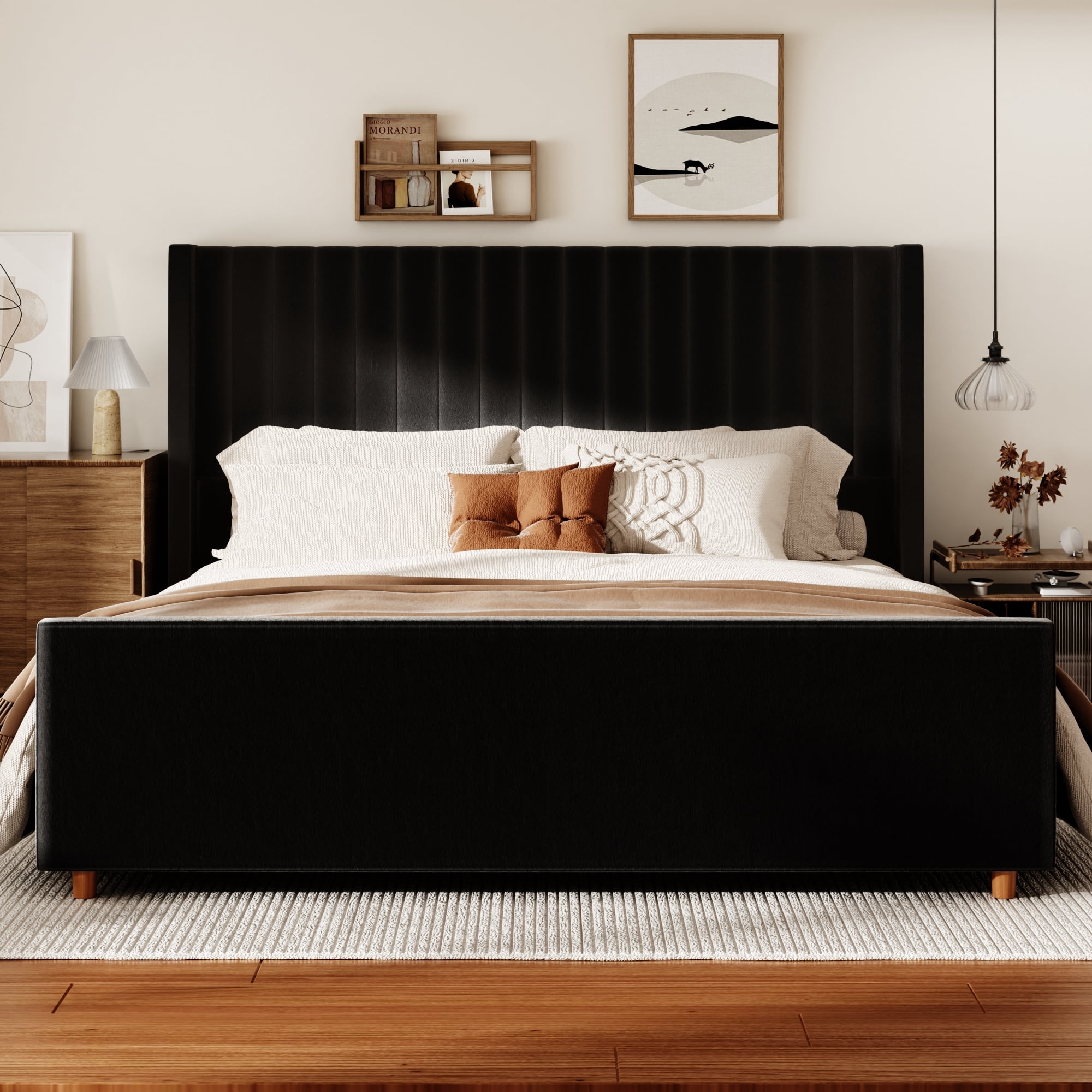 King Size Bed Frame, Upholstered Platform Bed with 62" Tall Headboard & Footboard, Soft Velvet Fabricbed Bed, Easy Assembly, Black