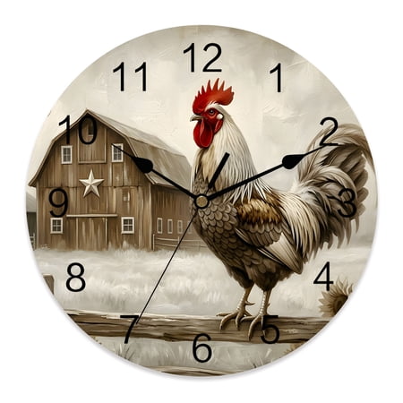 Wall Clock 14 Inch Farmhouse Rooster Round Silent Decorative Wall Clocks Battery Operated for Living Room Bedroom Kitchen Classroom Decor, Vintage Brown Barn Gray Sky