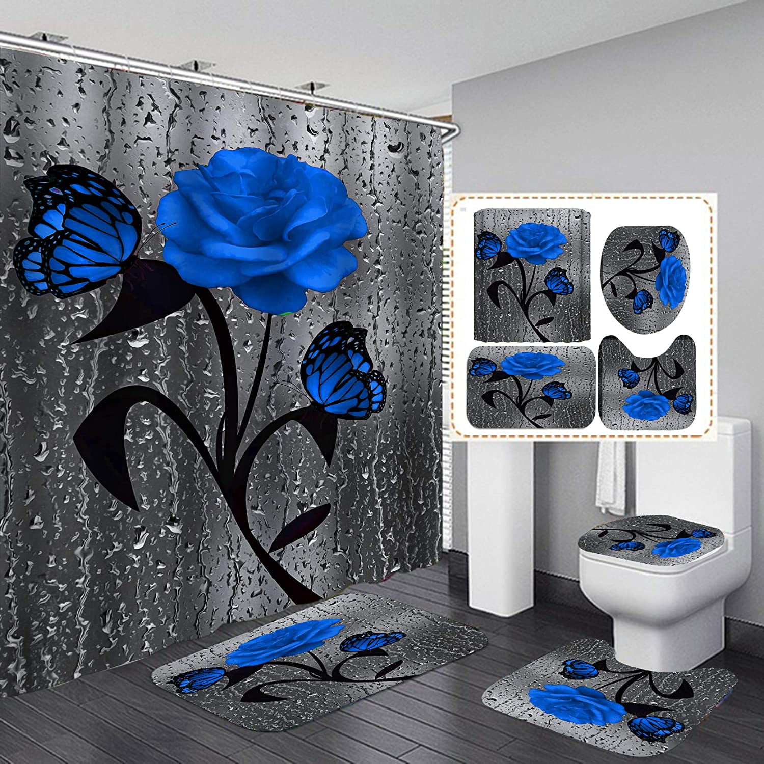 Blue Rose Shower Curtain Sets with NonSlip Rugs, Toilet Lid Cover and