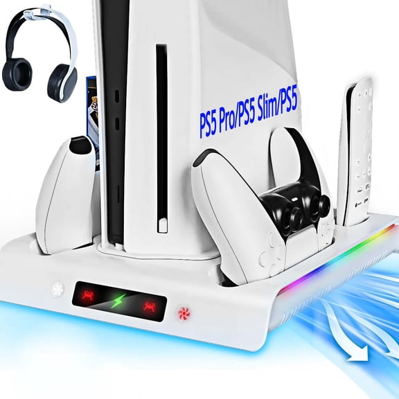 YUOY PS5 Cooling Stand with Dual Controller Charger, RGB Lighting & Game Storage – All in One PS5 Accessories Compatible with PS5 Pro/Slim/Original