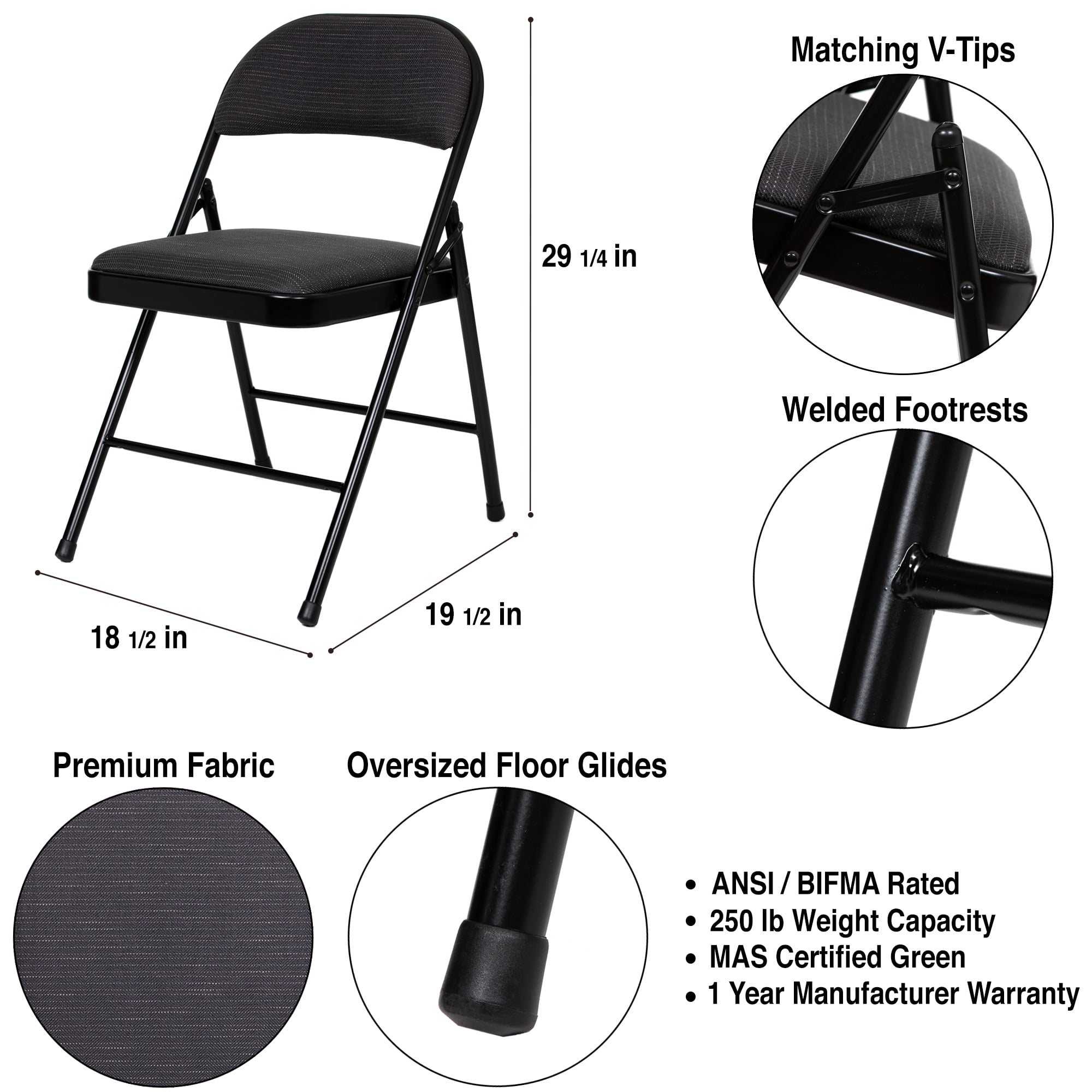 Hampden Furnishings Bernadine Collection Basics Fabric Folding Chair, Black, Pack of 4