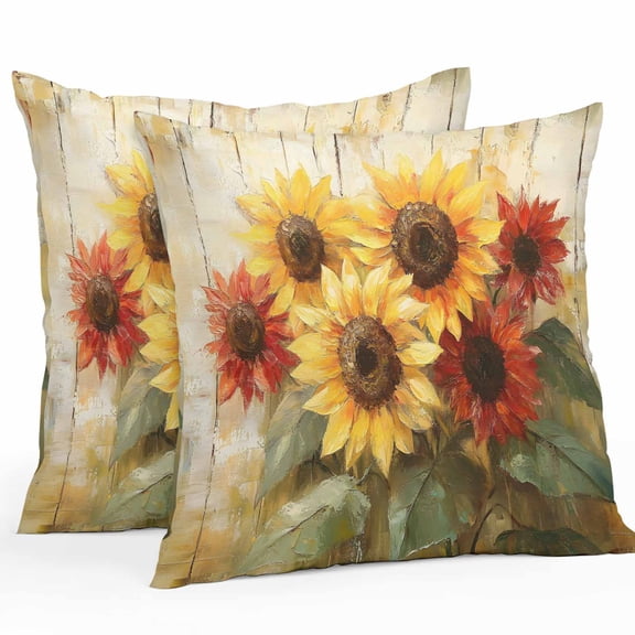 Waterproof Throw Pillow Covers Set of 2, 24x24 Inch Summer Sunflowers Decorative Pillowcases Outdoor Pillow Slip Cushion Covers Set for Couch Tent Vintage Oil Painting Floral Leaf Plant