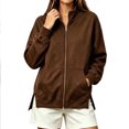 thumbnail image 2 of IUYRTFE Women's Full-Zip Track Jacket Stand Collar Oversized Casual Side Slit Sweatshirt with Pockets, 2 of 9