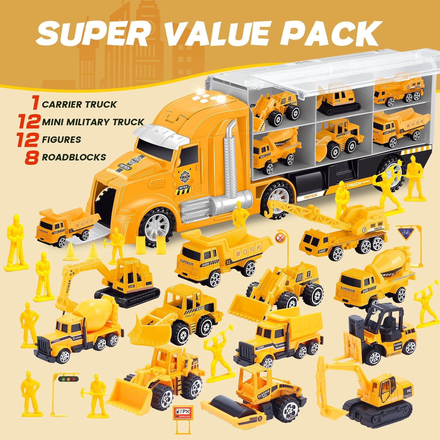 JoyStone 33-in-1 Die-Cast Construction Vehicle Set with Lights & Sounds, Alloy Car Transport Truck Toy, Birthday Gift for Kids, Yellow