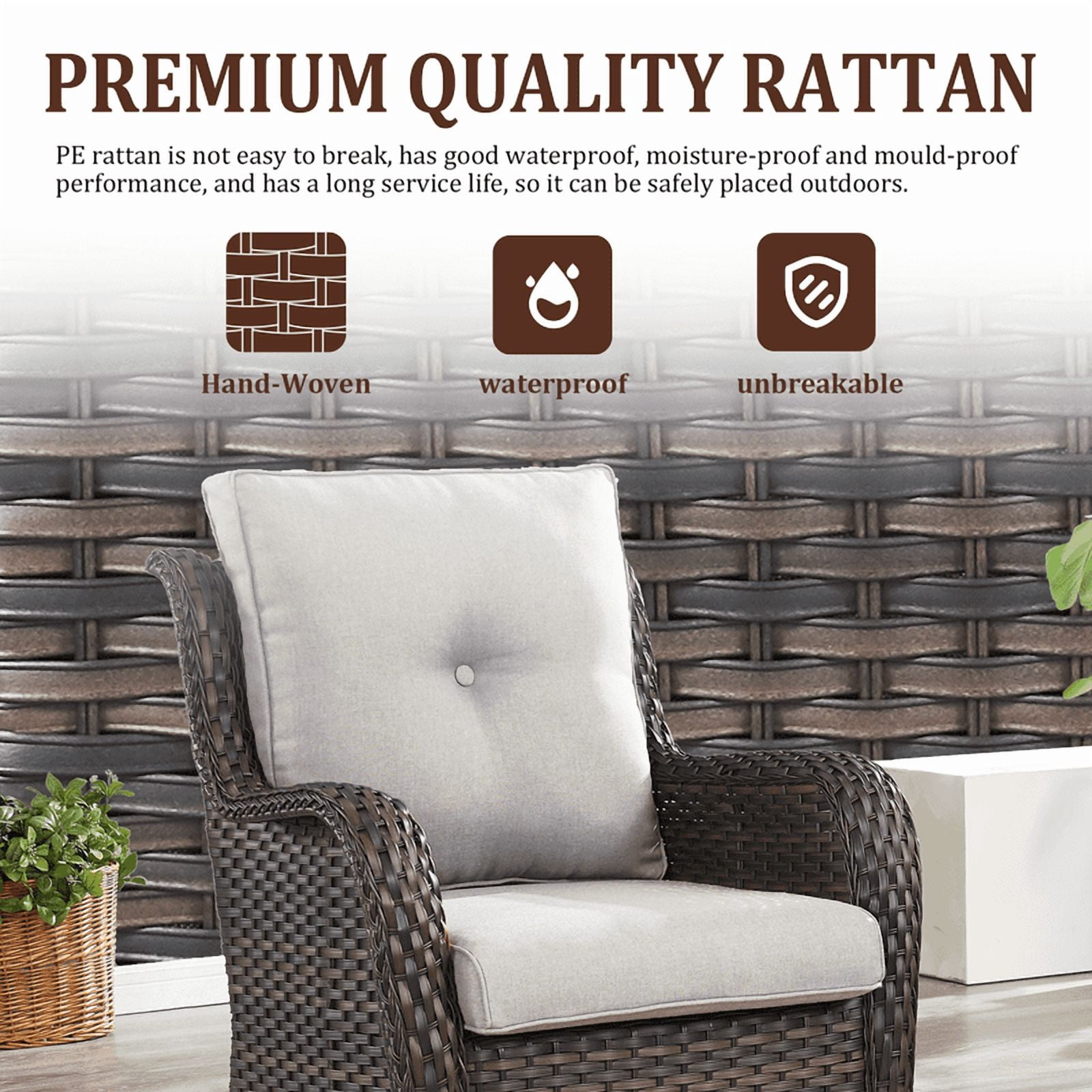 4 Piece Patio Furniture Set with 41" Fire Pit Table, Outdoor All Weather Wicker Rattan Furniture with Swivel Rocking Chairs and 3-Seat Sofa for Backyard Balcony Deck, Beige/Brown