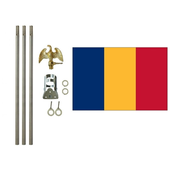 3x5 Polyester Romania Flag with 6 foot pole Kit; Contains a 3x5 Polyester Flag, a 6 foot long 3/4inch Diameter Aluminum Pole and a Bracket