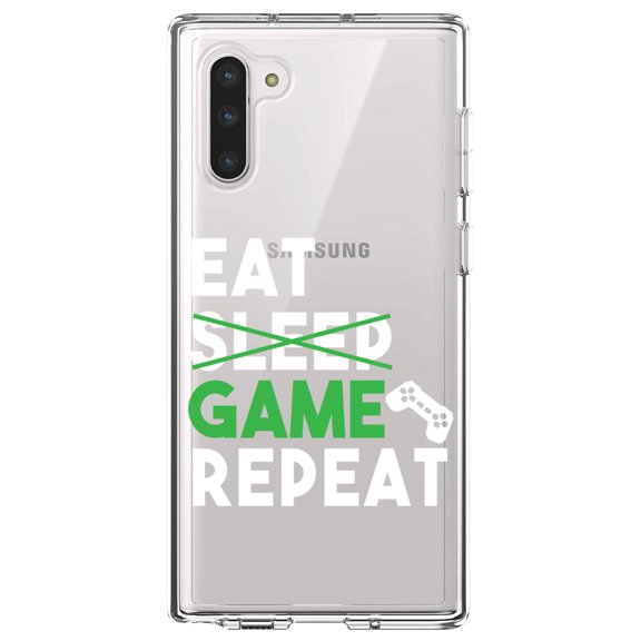 DistinctInk Clear Shockproof Hybrid Case for Samsung Galaxy Note 10 (6.3" Screen) - TPU Bumper Acrylic Back Tempered Glass Screen Protector - Eat Game Repeat - Video Games Gamer