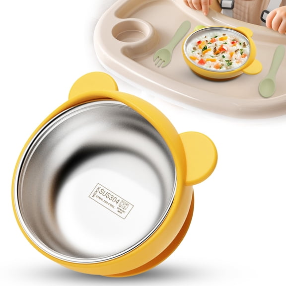 2 In 1 SUS304 Stainless Steel Baby Suction Bowls, Removable Silicone Suction Feeding Bowls Snack Containers,Food-Grade Anti-Scald Anti-Tip Bowls for Baby Self-Feeding Highchair Home,Yellow*304