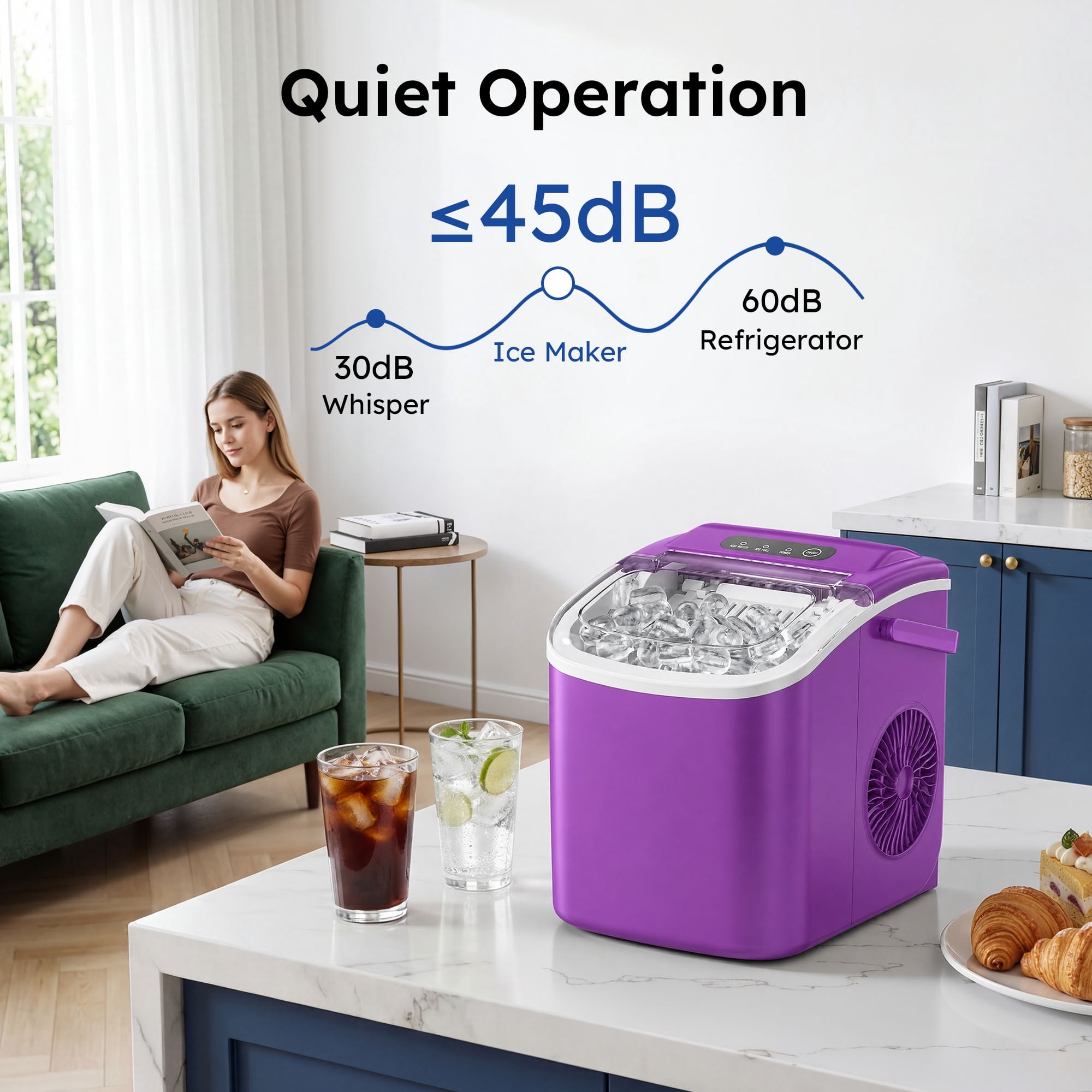 Simzlife Portable Ice Maker Countertop, 26 lbs/24H, 9 Bullet-Shaped Ice in 6 Min, Self-Cleaning Portable Ice Maker for Kitchen, Home, Office, RV, Purple