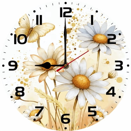 Eveokoki Round Wall Clocks Watercolor Daisies And Butterfly Wood Quartz Battery Operated Rustic