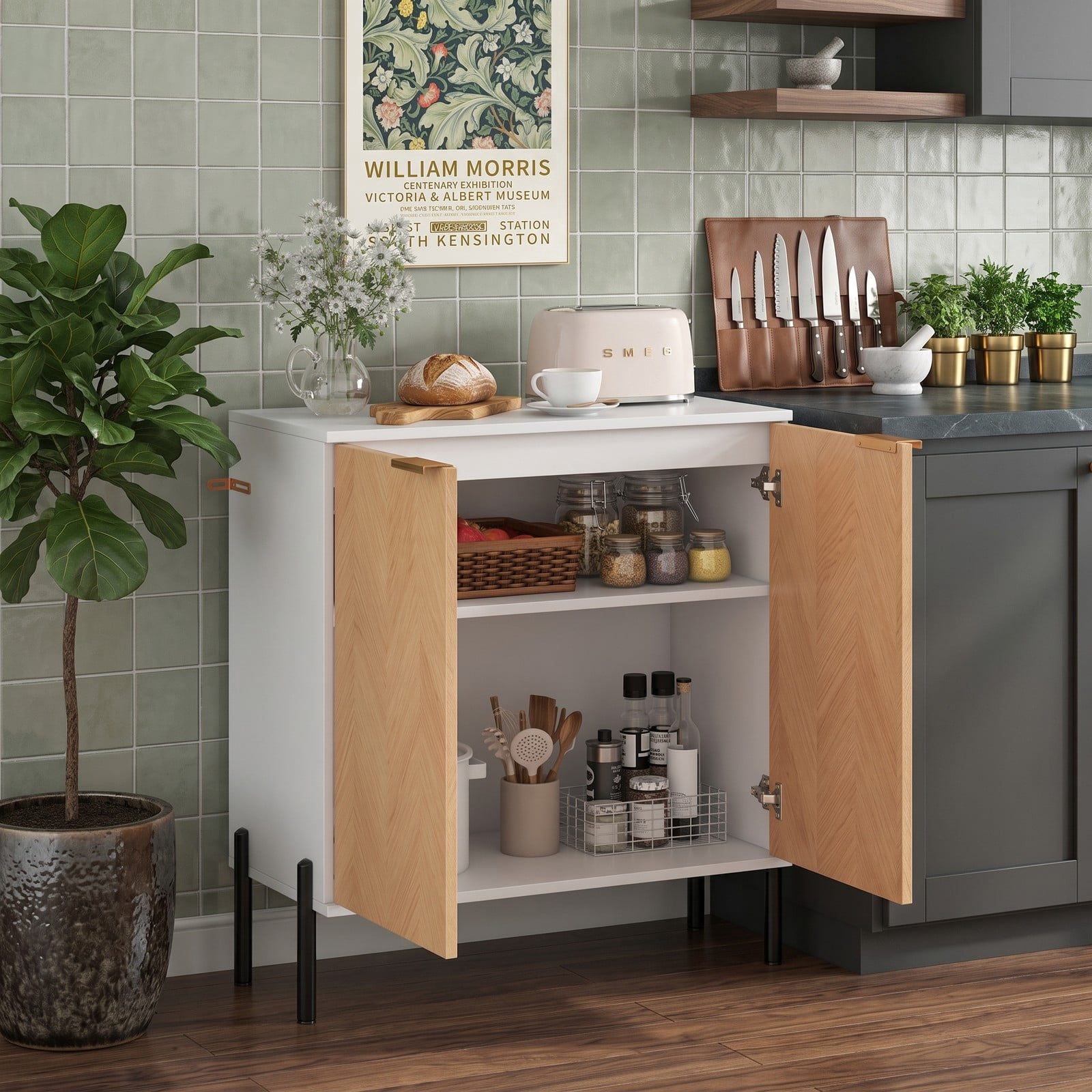 Furnibear 2-Door Buffet Cabinet Sideboard, Modern Kitchen Storage Credenza Console with Adjustable Enclosed Shelf, Anti-Tipping Cupboard and Metal Legs for, Black