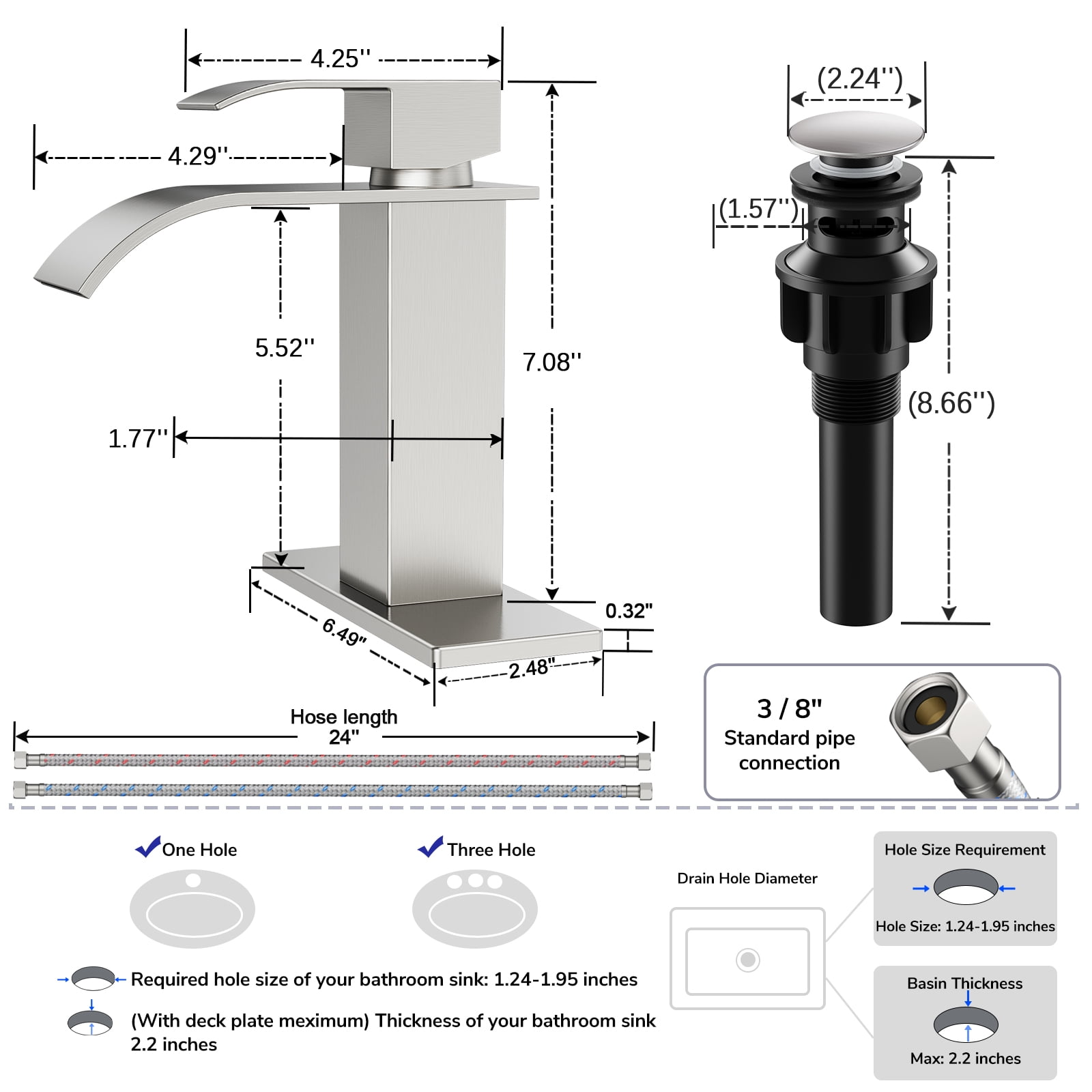 KINGTACK Bathroom Faucets, Brushed Nickel Bathroom Sink Faucet for 1 or 3 Hole, Faucet for Bathroom Sink with Deck, Pop-up Drain and Supply Hoses