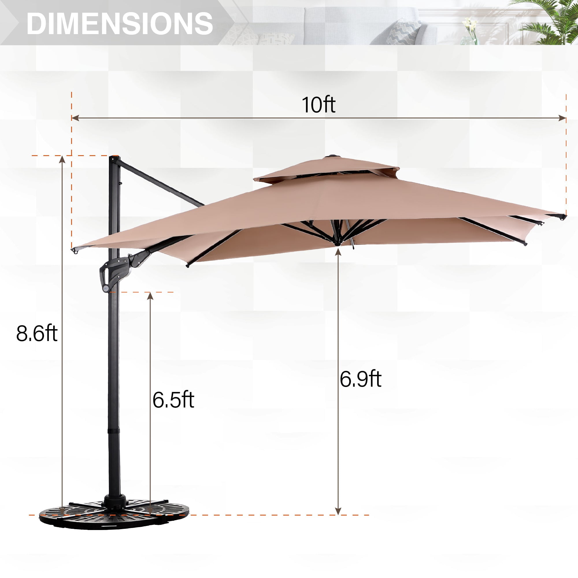 Alpha Joy 10ft Outdoor Patio Square Cantilever Umbrella with Aluminum Pole & Ribs, Beige