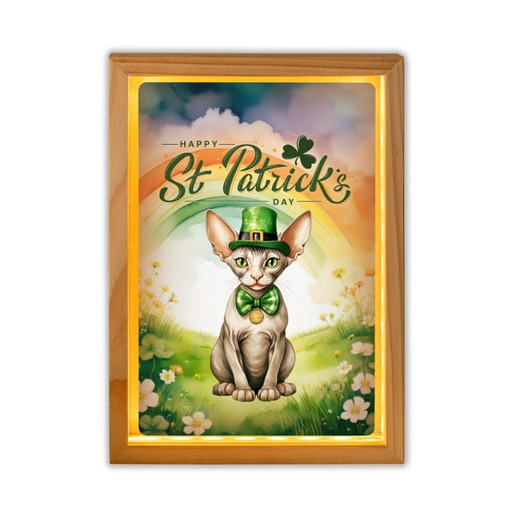 Happy St. Patrick’s Day Sphynx with Green Hat Shamrocks Rainbow Acrylic Plaque with Wood Photo Frame Box Cat Lover Kitten Owner Gifts Idea Light Box - 03007