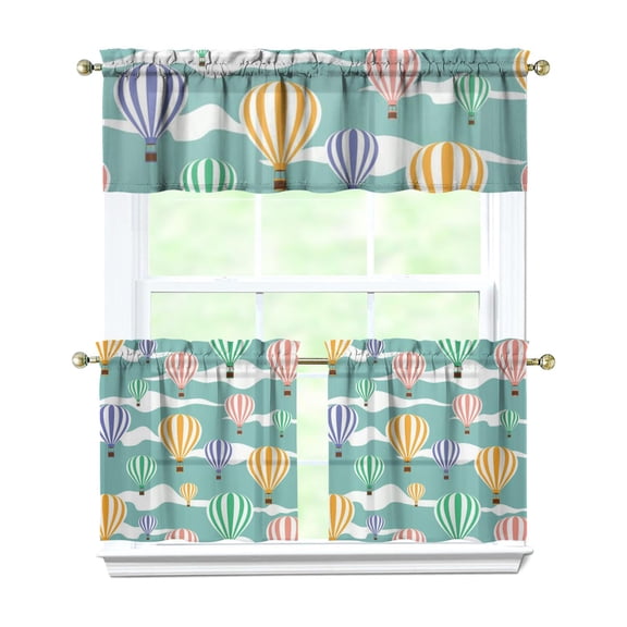 Boho Kitchen Curtains 3 Piece Set - Ocean Beach Scenery Watercolor Print, Starry Night Tier Curtains with Valance, Semi-Sheer Short Rod Pocket Drapes for Small Windows (White)