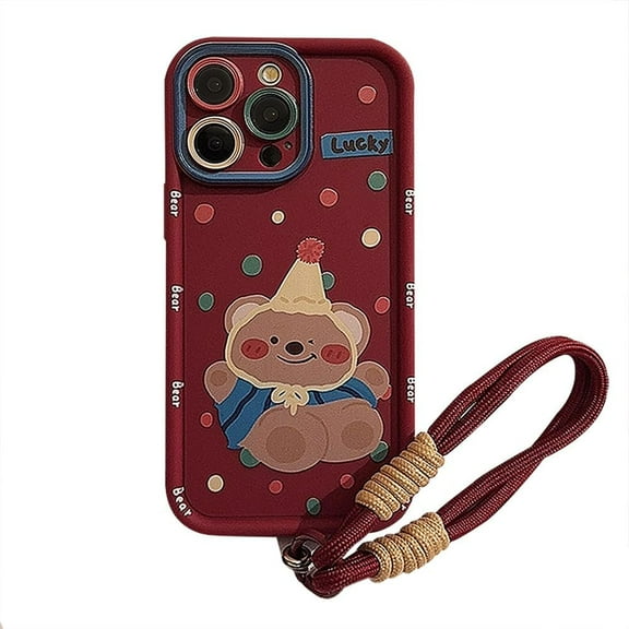 Cute Cartoon Bear Wearing Colored Ball Top Hat Lanyard Chain Phone Case Compatible with iPhone Case (Red,iPhone 11)