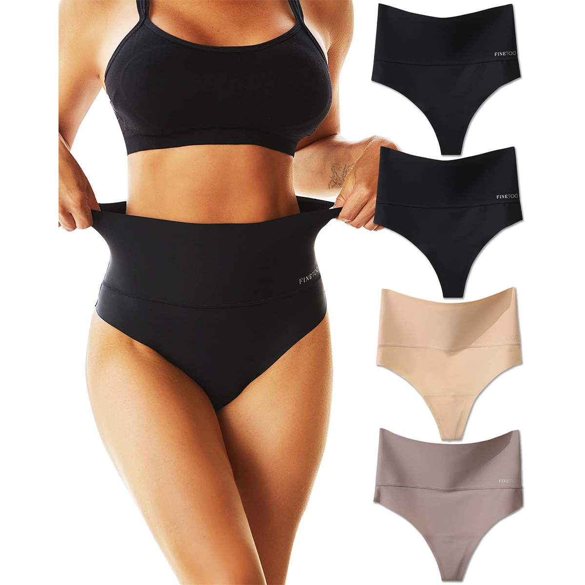FINETOO 4 Pack High Waisted Thongs for Women Tummy Control Underwear Soft Nylon Stretchy No Show