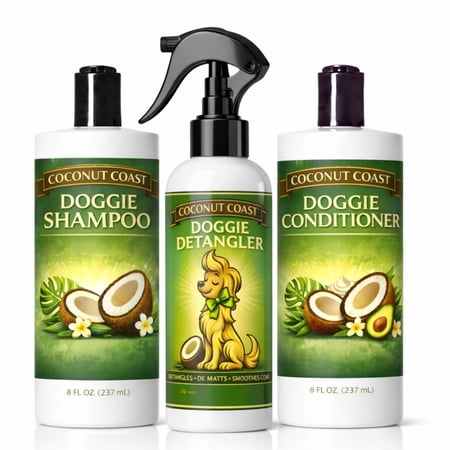 Coconut Coast Dog Shampoo, Conditioner & Detangler Set – Dog Grooming Kit with Light Coconut Scent, Moisturizing & De-Matting for All Coat Types