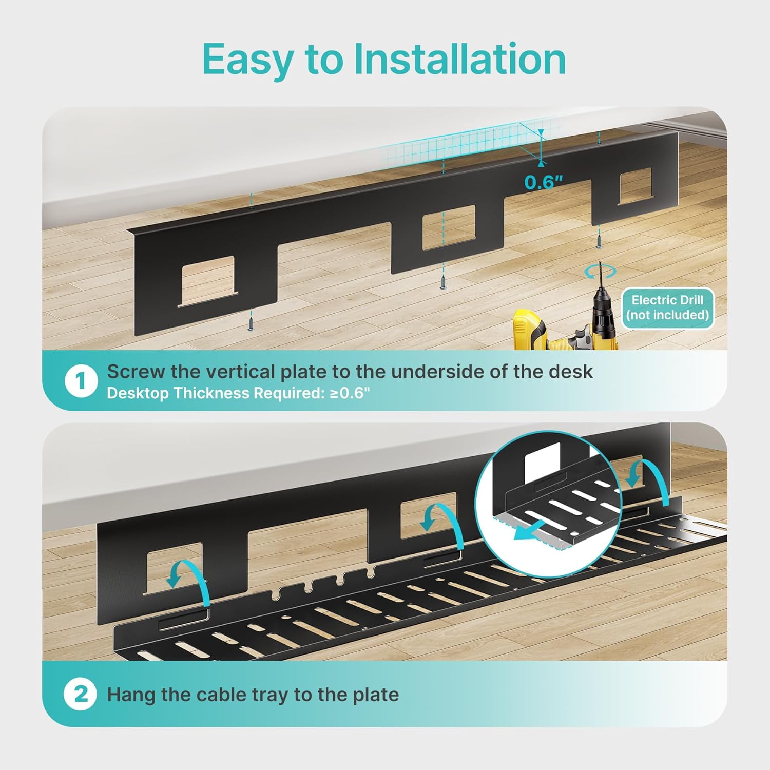Under Desk Cable Management Tray, 31.5" Metal Cord Organizer Rack for Power Strips, Wires & Chargers, Easy Mounting Desk Tray for Home Office, Black