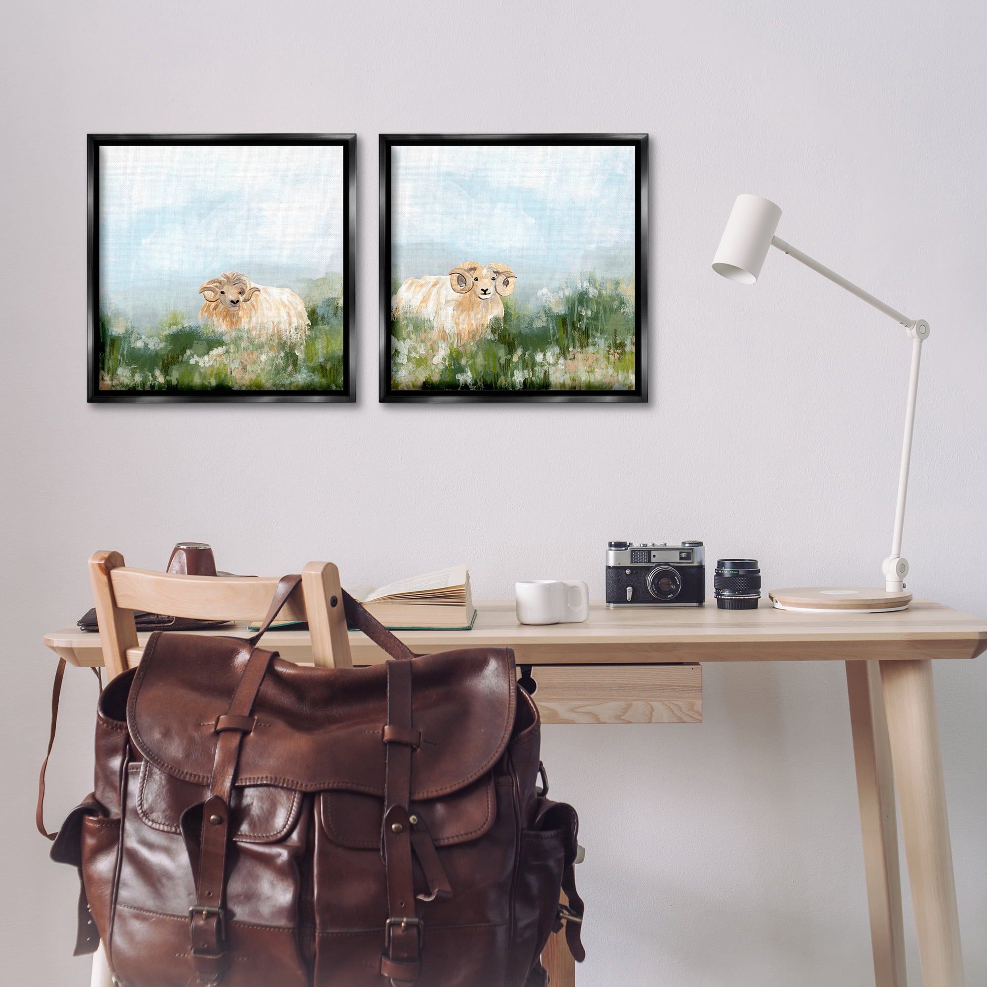 Stupell Industries Curly-Horned Sheep Field Animals Painting Black Floater Framed Canvas Art Print Wall Art, 18 x 18, Set of 2