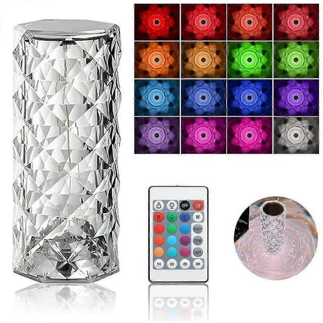 Lámpara de mesa de cristal con forma de diamante, 16 colores, carga USB, táctil, luz de noche con control remoto.