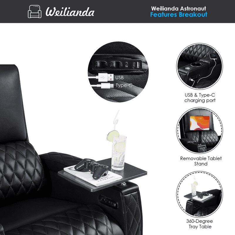 Weilianda Astronauts Reclining Sofa Electricity Recliner Zero Gravity Chair Top Grain Leather Movie Chair Gaming Sofa with Tray Table USB Charging Cup Holders,Row of 3 Black