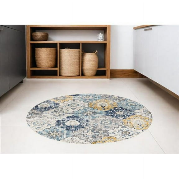 HomeRoots 524881 5 ft. Blue & Gray Round Geometric Washable Non Skid Machine Woven Area Rug