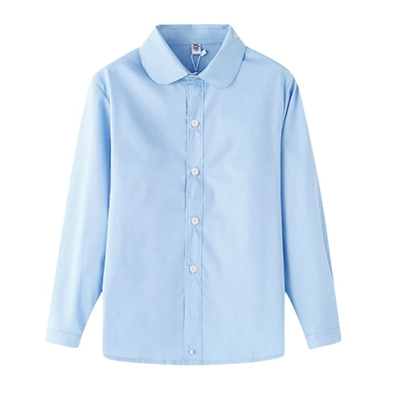 Povozer School Uniform For Girls T Shirts Toddler Girls Shirts Long Sleeve Button-Up Shirts Chlidren Formal Oxford Shirts Tops,Size 7-8 Years,Blue