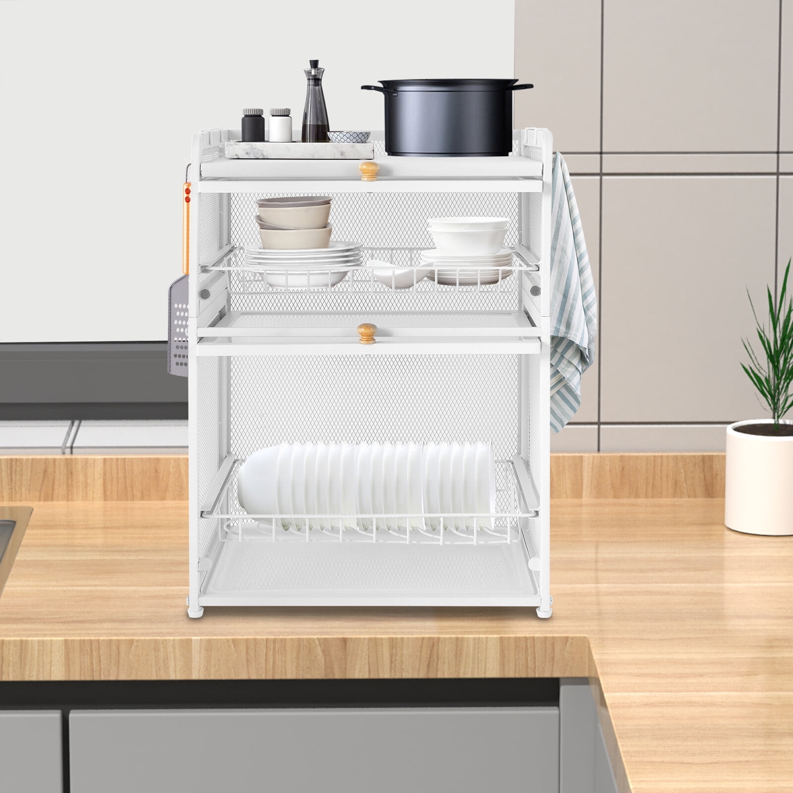 Miumaeov 3-Tier Dish Drying Rack Cutlery Drainer Holder Kitchen Ware Plate Cup Storage Organizer with Lid Cover (White)
