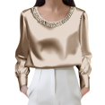 thumbnail image 3 of ManxiVoo Women Pearl Top Satin Long Sleeve Crew Neck Blouse Elegant Fall Work Shirt Luxe Feel Blouse L Size Beige, 3 of 7