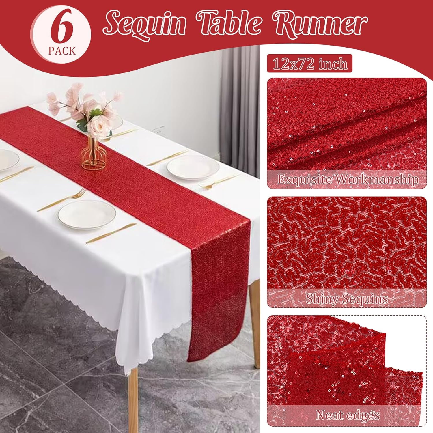 6 Pack Red Sequin Table Runners 12" x 72" Sparkle Sequin Table Cloths for Wedding Party Banquet Bridal Shower Decorations
