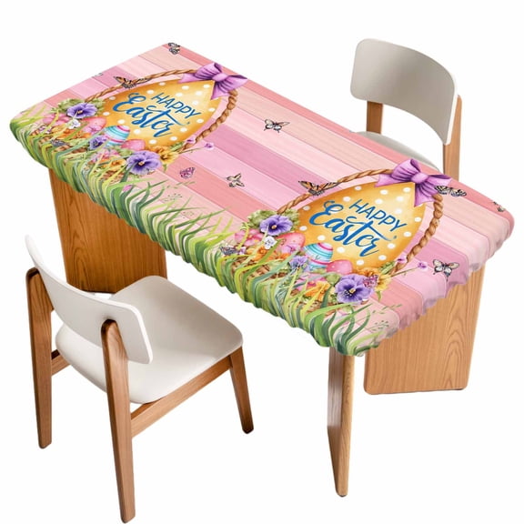Pink Happy Easter Table Cloths for 4 Foot Rectangle Tables, Spring Easter Eggs Floral Wooden Patio Waterproof Elastic Fitted Tablecloths, Washable Rectangular Table Cover for Camping