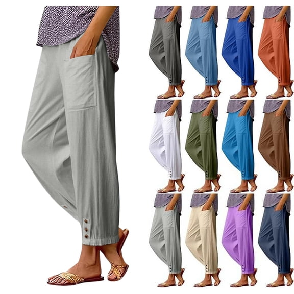 Womens Cotton Linen Pants Summer 2026 Dressy Casual Elastic High Waisted Loose Fit Straight Wide Leg Lounge Trousers Light Gray XL
