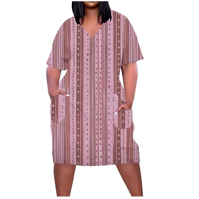 Vestido Corto de Verano Moda Grande Impresión de Manga Corta Cuello en V Bolsillo Mini Vestido para Casual Y Diario