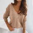 thumbnail image 2 of IROINNID Womens Long Sleeve V-Neck Shirts V- Solid Color Hollow Out Recreational Thin Pullover Sweater Tops,Brown, 2 of 9