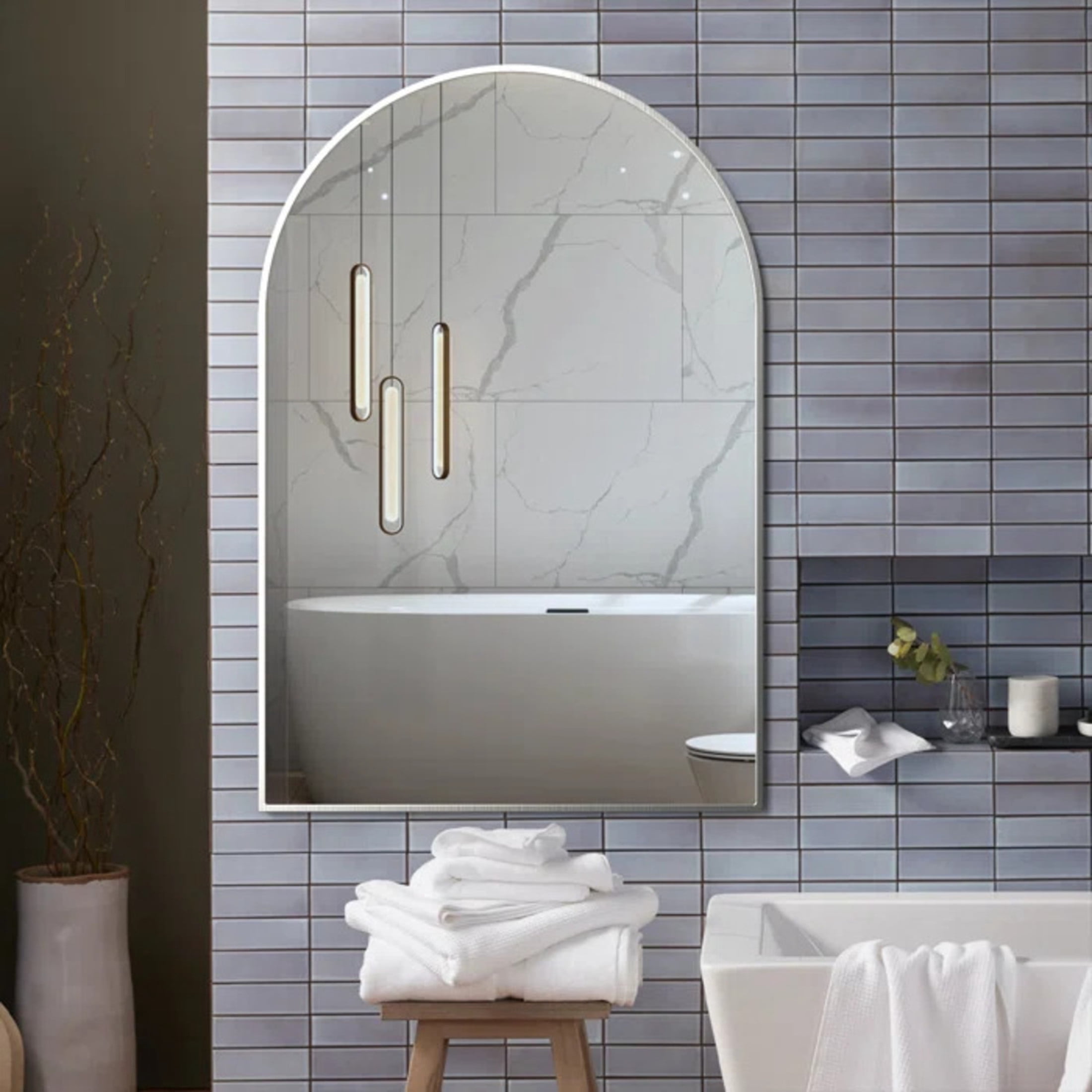Noble House 24"x36" Arched Metal Wall Mirror, Vanity Mirror for Bathroom, Bedroom & Living Room, Silver