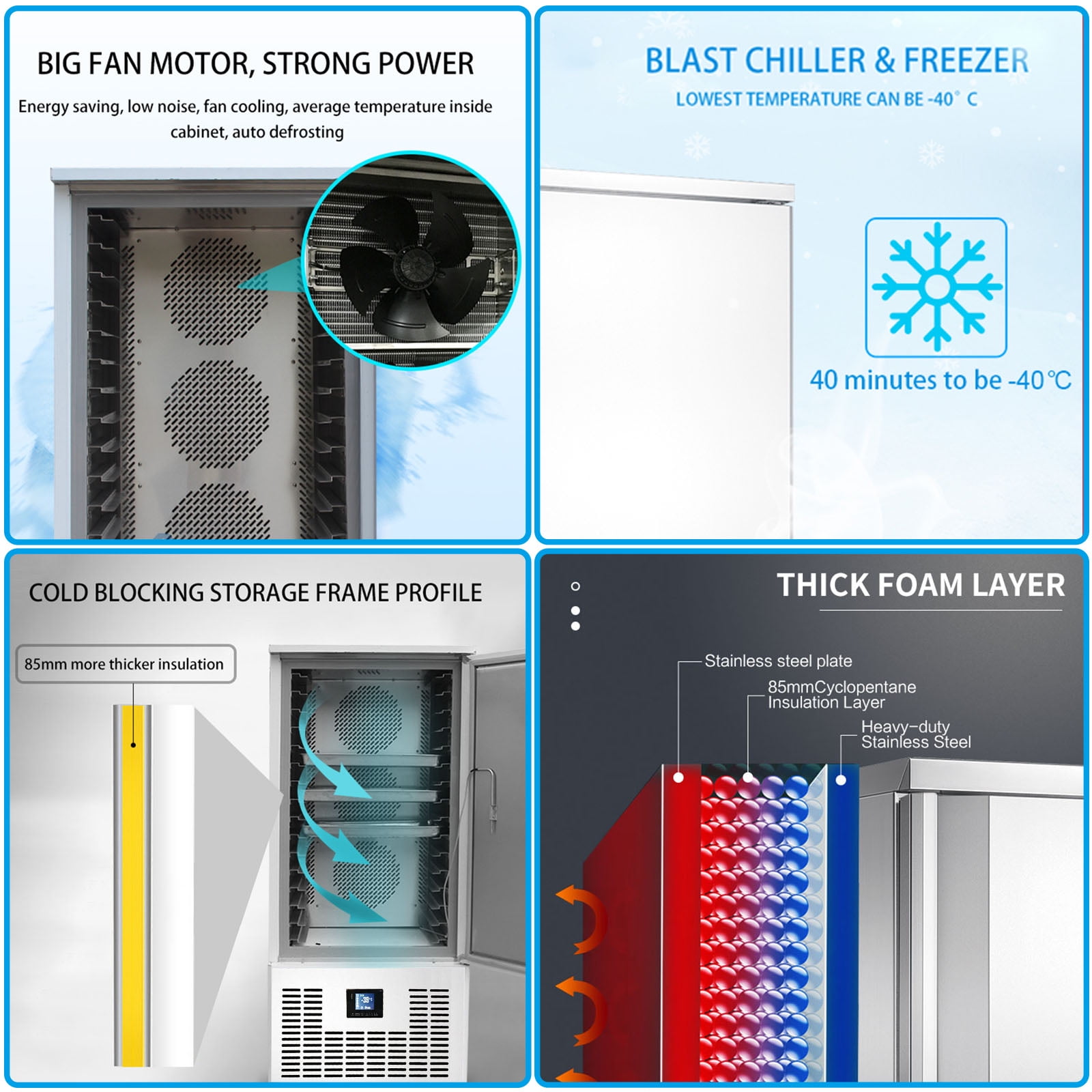 Kolice Commercial Heavy Duty 10 Trays Bakery Shock Freezing Blast Chiller & Freezer, Chest Freezer, Frozen Dough, Soup Dumplings Blast Freezer-Lowest Temperature -40°F(-40°C) (10 Trays)