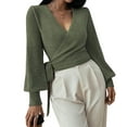 thumbnail image 3 of Women'S Casual V Neck Wrap Sweater Pullover Long Sleeve Slim Fit Knit Crop Top Sweater Grass Green XL, 3 of 9
