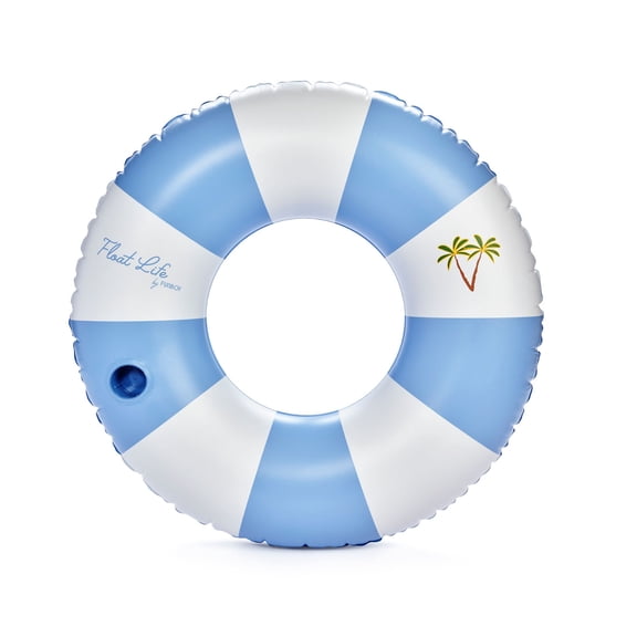Float Life by FUNBOY Blue Cabana Stripe Luxury Tube Pool Float, Cup-Holder, 43" Oversized Design, Adults or Children Ages 8 