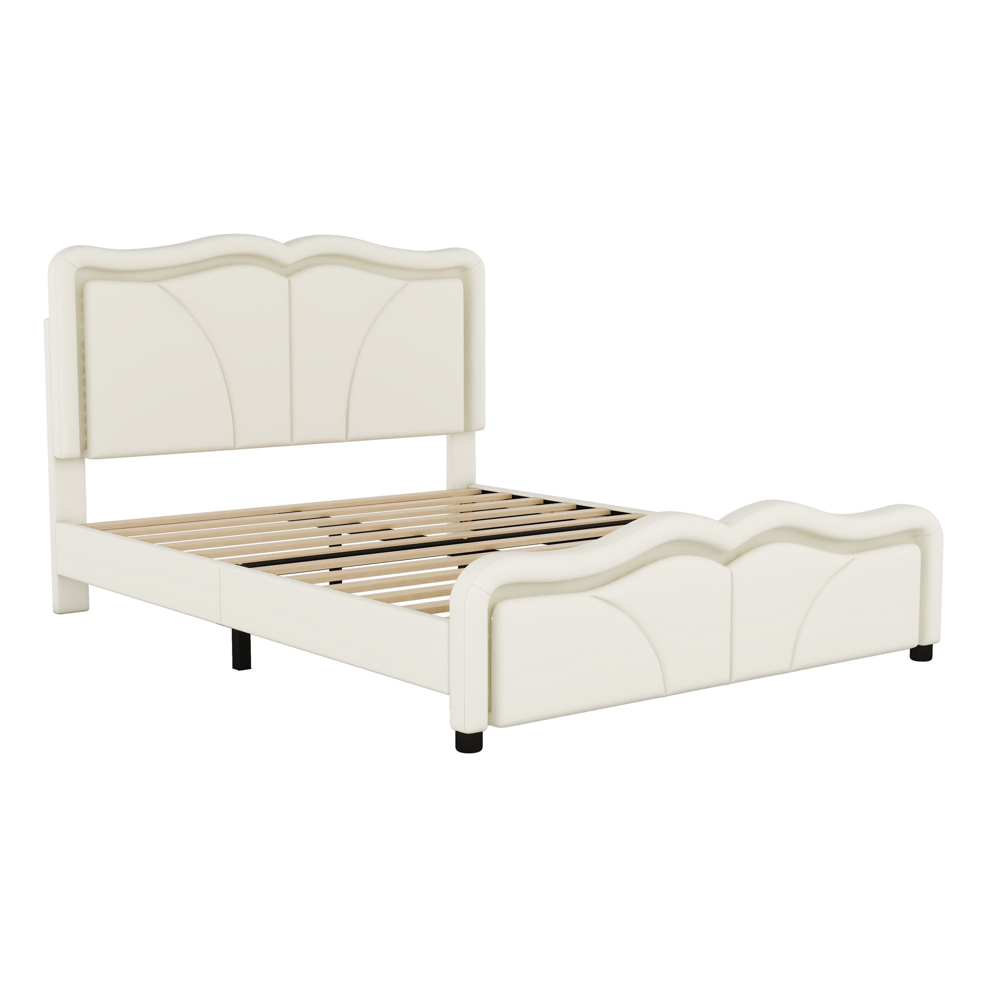 EUROCO Upholstered Full Platform Bed, Cartoon Bed with Adjustable Headboard and LED Light for Toddler Kids Teens Adults, No Box Spring Needed, Beige