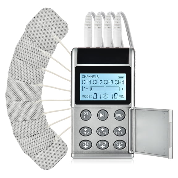 TENS Unit Muscle Stimulator,15 Modes 4 Output Electronic EMS Pulse Massager Machine,8 Timing Function 4 output channel Digital Pulse Health Care Body Massage Device, 8 Pads 300mah Battery
